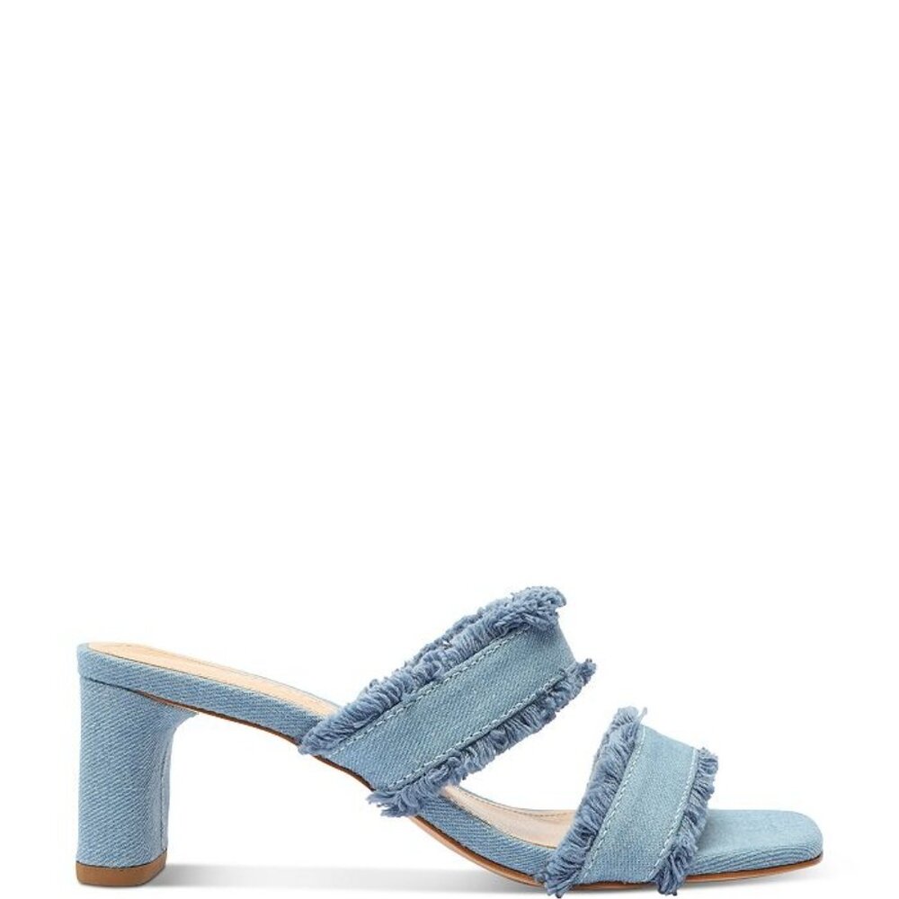 Amely Mid Block Denim Sandal with Frayed Straps | - Picture 3 of 12